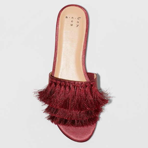 A New Day Sandals Burgundy Benetta Fringe Satin - Picture 2 of 8